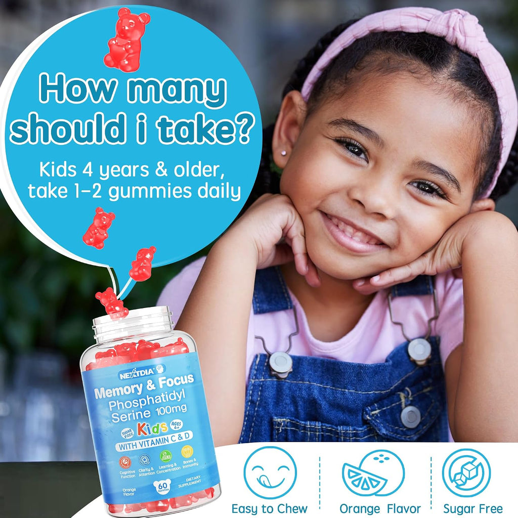 Nextdia Phosphatidylserina 100mg Gomitas para Niños y Adolescentes - Con Vitamina C y D3 - Sin Azúcar, Vegano, Sin Gluten - 2 Paquetes