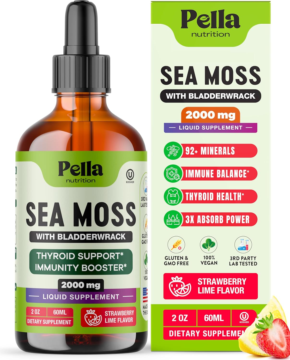 Pella Nutrition Sea Moss Drops con Bladderwrack – Gotas de Musgo Marino Irlandés de Absorción Rápida (Sabor Fresa y Lima, 60 ml)