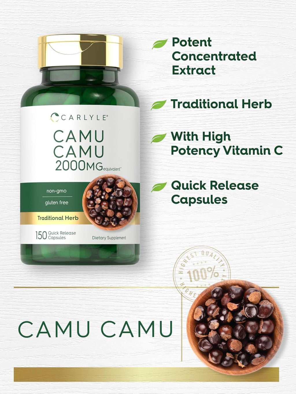 Carlyle Camu Camu con Vitamina C | 150 Cápsulas | Extracto de Hierba | Myrciaria Dubia | No Transgénico y Sin Gluten