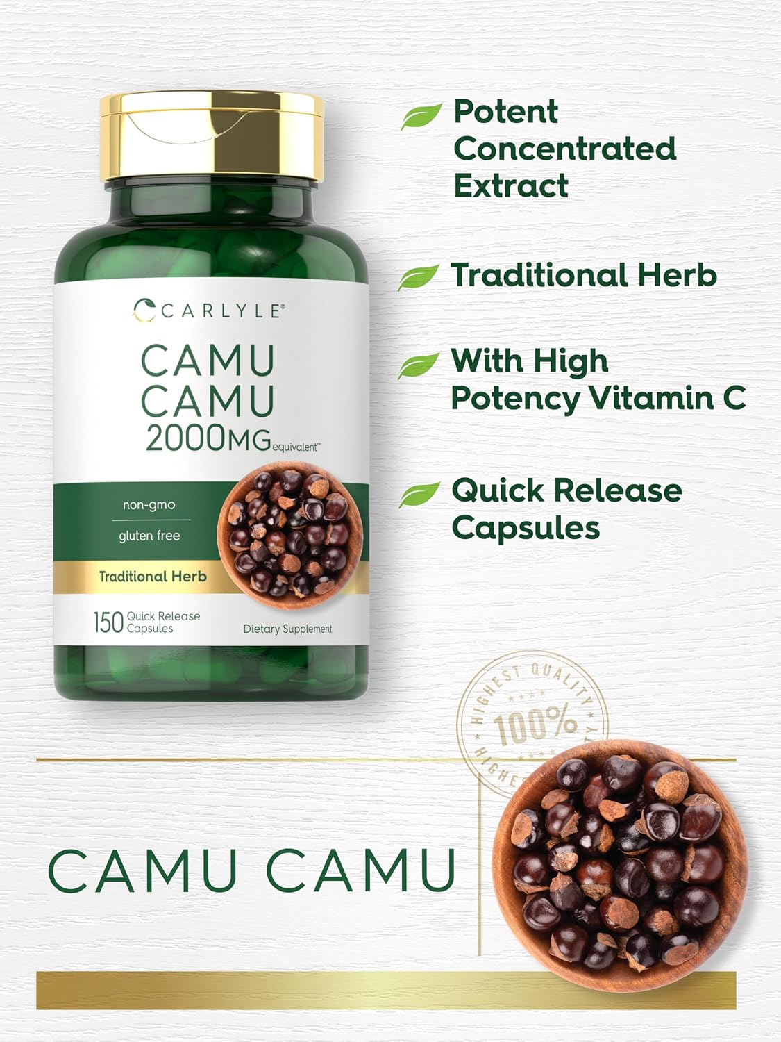 Carlyle Camu Camu con Vitamina C | 150 Cápsulas | Extracto de Hierba | Myrciaria Dubia | No Transgénico y Sin Gluten