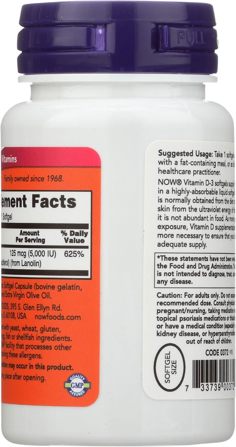 NOW Foods Vitamina D3 5000 UI - 120 Cápsulas Blandas, Pack de 2