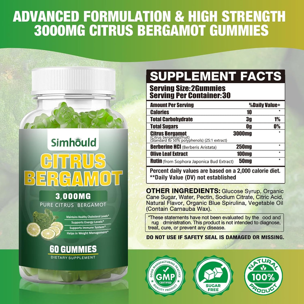 2 Pack Gominolas de Bergamota Cítrica - 3000mg Extracto de Bergamota, Complemento para el Colesterol, Apoyo Inmunitario, 120 Gominolas Sabor Lima