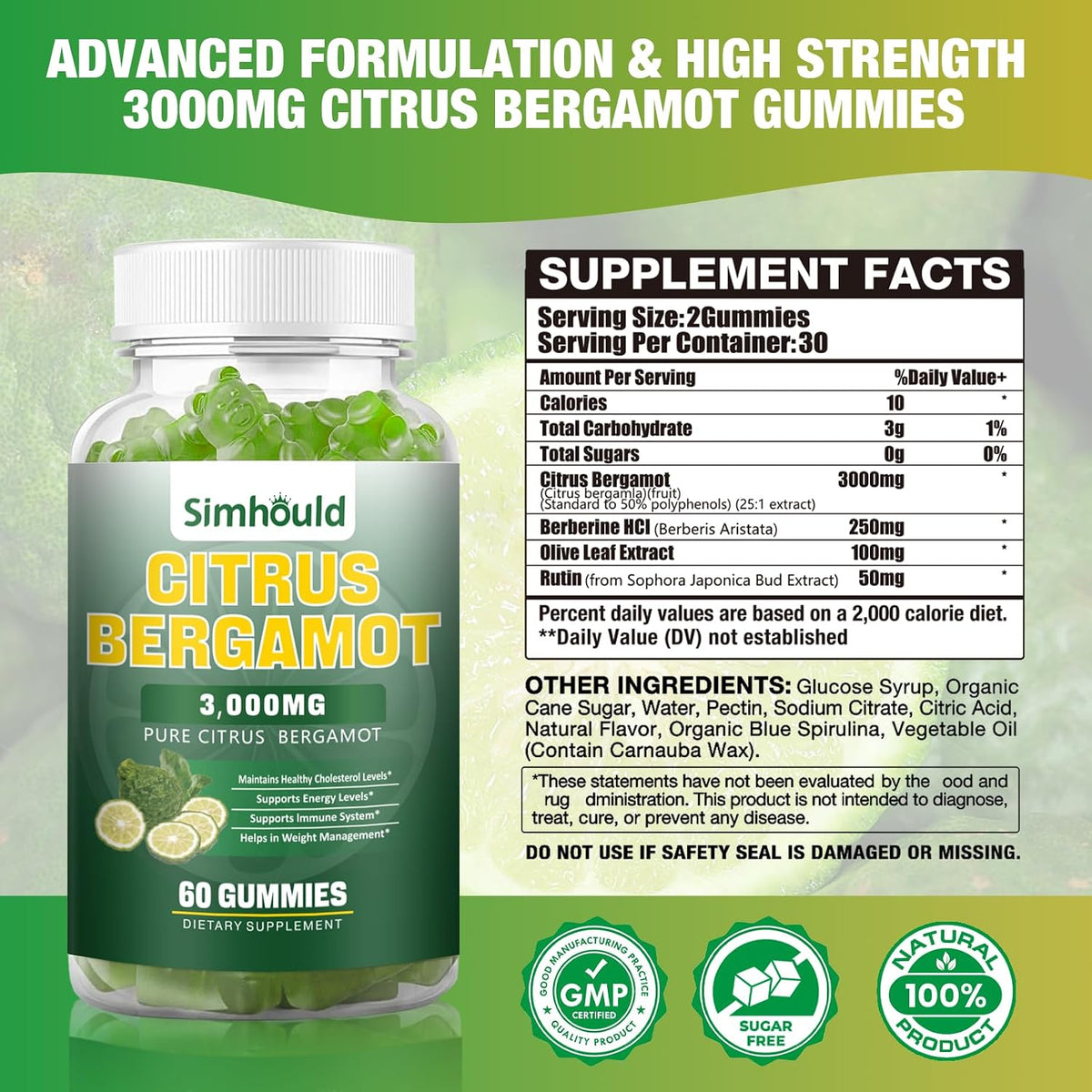 2 Pack Gominolas de Bergamota Cítrica - 3000mg Extracto de Bergamota, Complemento para el Colesterol, Apoyo Inmunitario, 120 Gominolas Sabor Lima - görsel 2
