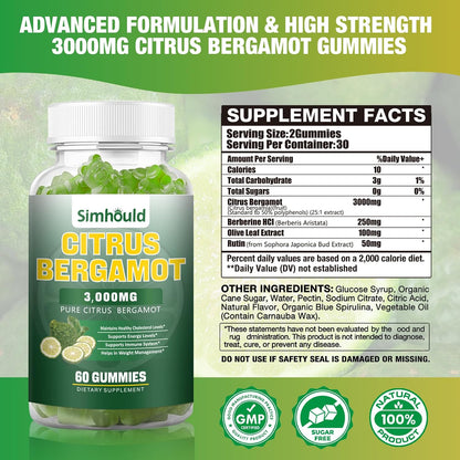 2 Pack Gominolas de Bergamota Cítrica - 3000mg Extracto de Bergamota, Complemento para el Colesterol, Apoyo Inmunitario, 120 Gominolas Sabor Lima