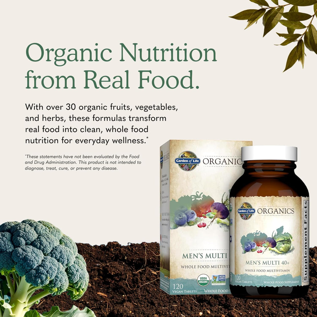 Garden of Life Organics Men's 40+ Multivitamin with Prostate Support, B12 & Vitamins – Vegan Daily Whole Food Multivitamin, Non-GMO, Certified Organic, 120 Tablets