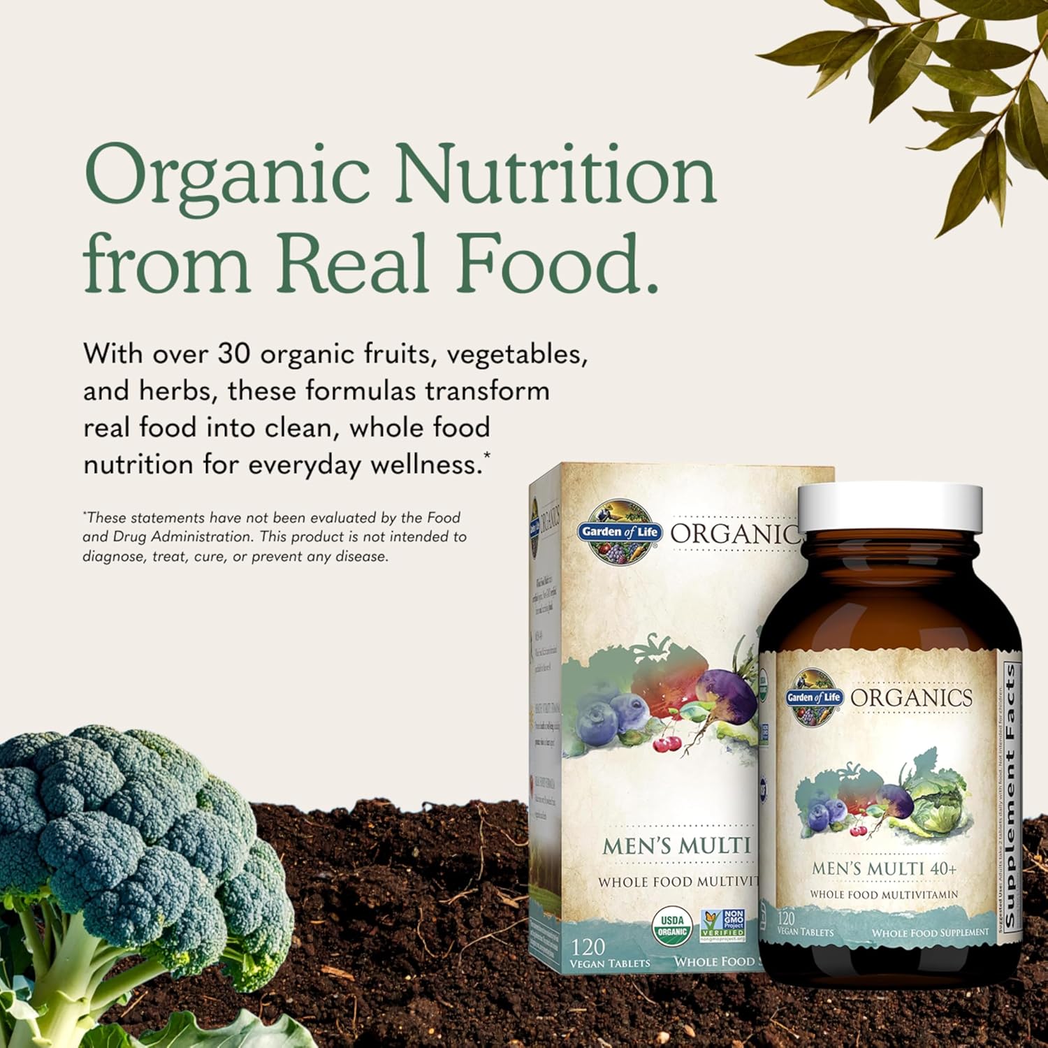 Garden of Life Organics Men's 40+ Multivitamin with Prostate Support, B12 & Vitamins – Vegan Daily Whole Food Multivitamin, Non-GMO, Certified Organic, 120 Tablets