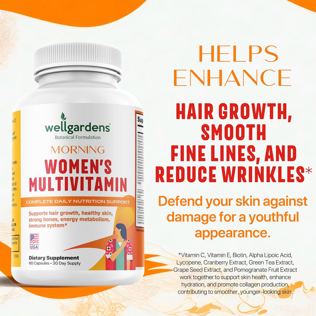 Wellgardens Multivitamínico Diario para Mujeres con Biotina, Arándano Rojo y Trébol Rojo - Apoyo para Cabello, Piel, Energía e Inmunidad - Vitaminas A, C, D, E, B12, Zinc - Sin Hierro, No Transgénico, 60 Cápsulas