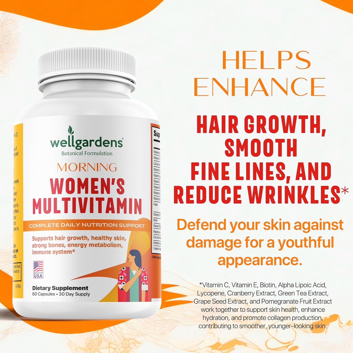 Wellgardens Multivitamínico Diario para Mujeres con Biotina, Arándano Rojo y Trébol Rojo - Apoyo para Cabello, Piel, Energía e Inmunidad - Vitaminas A, C, D, E, B12, Zinc - Sin Hierro, No Transgénico, 60 Cápsulas