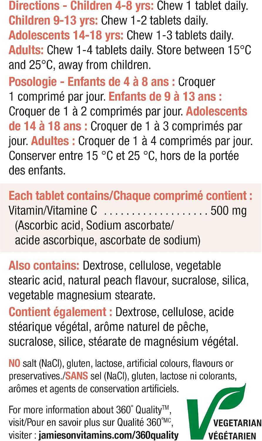 Jamieson Vitamina C Masticable 500 mg - Sabor Melocotón Blanco, 120 Comprimidos