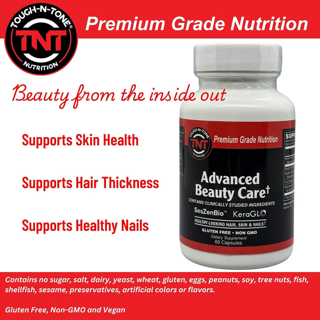 TOUGH-N-TONE Advanced Beauty Care - Biotina Vegana con SesZen-Bio®, KeraGLO® Queratina, Fo-Ti y Ácido Hialurónico - Suplemento para Cabello, Piel y Uñas - Sin OGM y Sin Gluten