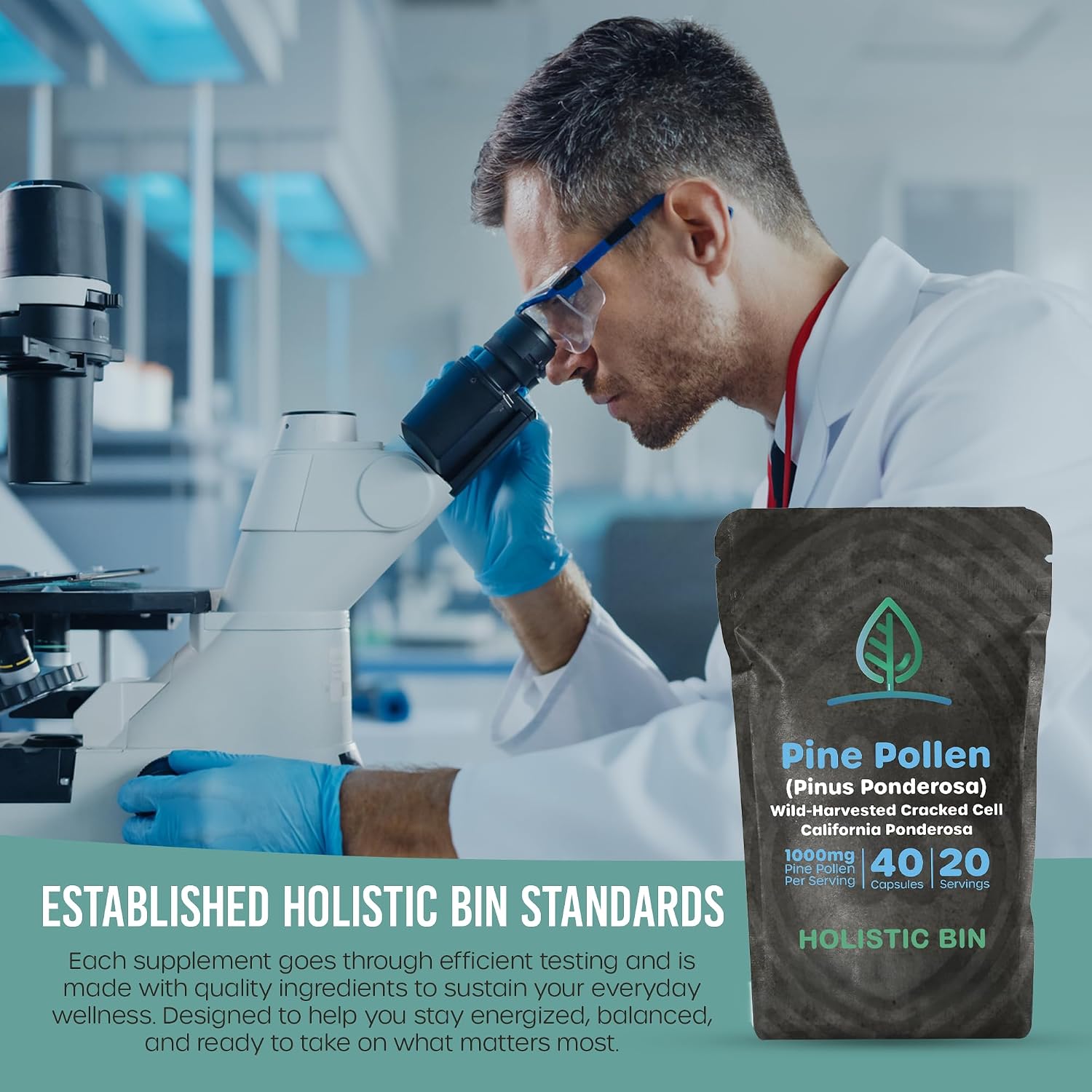 Cápsulas de Polen de Pino 500mg (Pinus Ponderosa) - Recolectado Salvaje en California - Grado Olímpico - Orgánico, No-GMO, Sin Rellenos - 40 Cápsulas