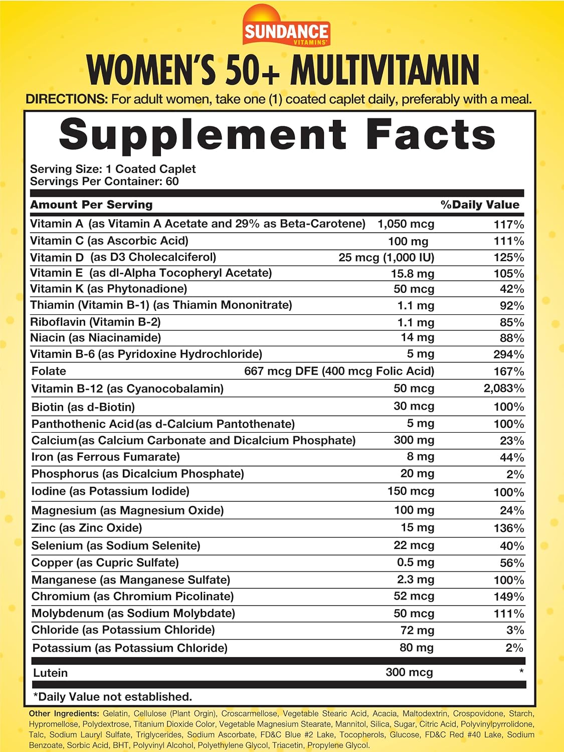 Sundance Women's 50+ ABC Complete Multivitamin | 60 Caplets | Fórmula Multimineral | No Transgénico y Sin Gluten