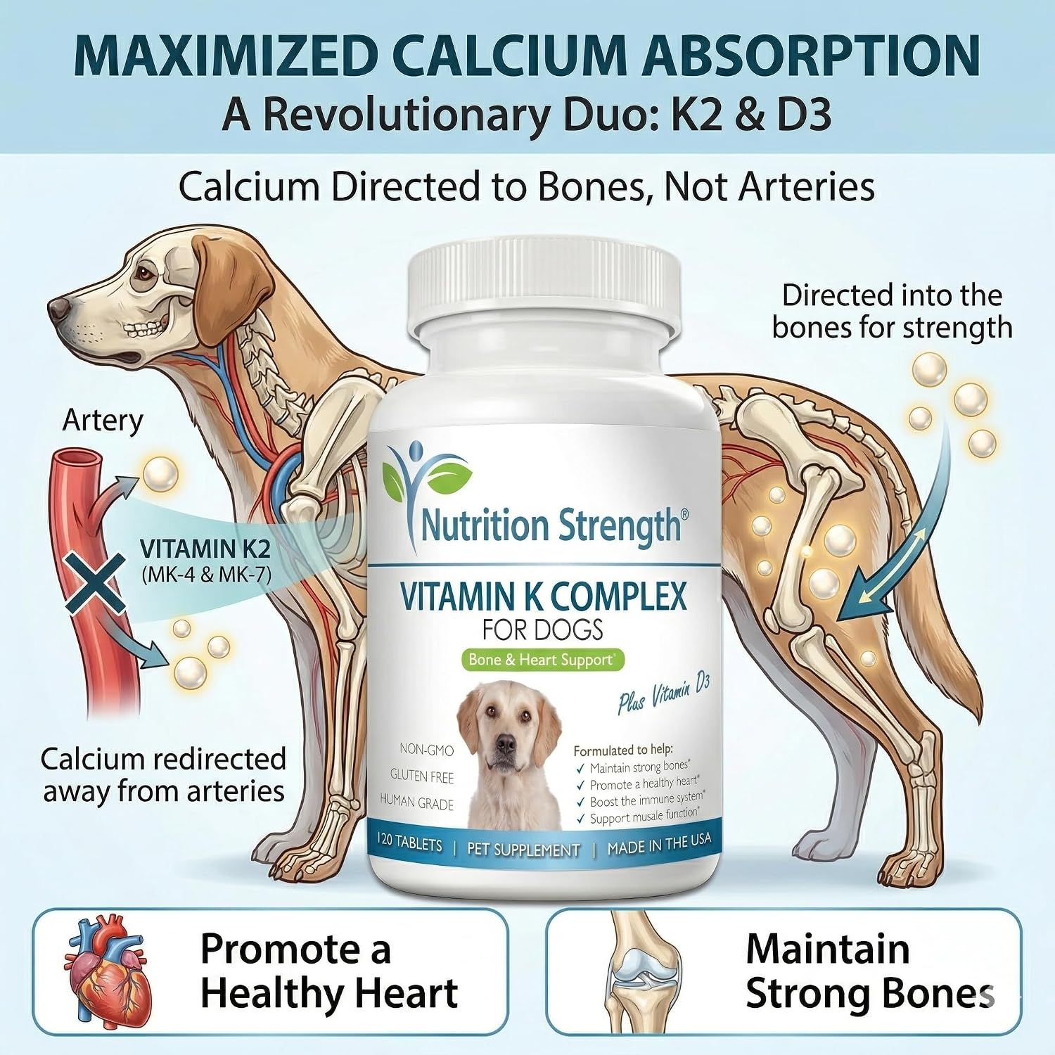 Complemento de vitamina K para perros - K1 y K2 (MK4 + MK7) + Vitamina D3 para la salud ósea, apoyo cardíaco y absorción de calcio - Fórmula avanzada para articulaciones fuertes, músculos y sistema inmunitario - 120 comprimidos