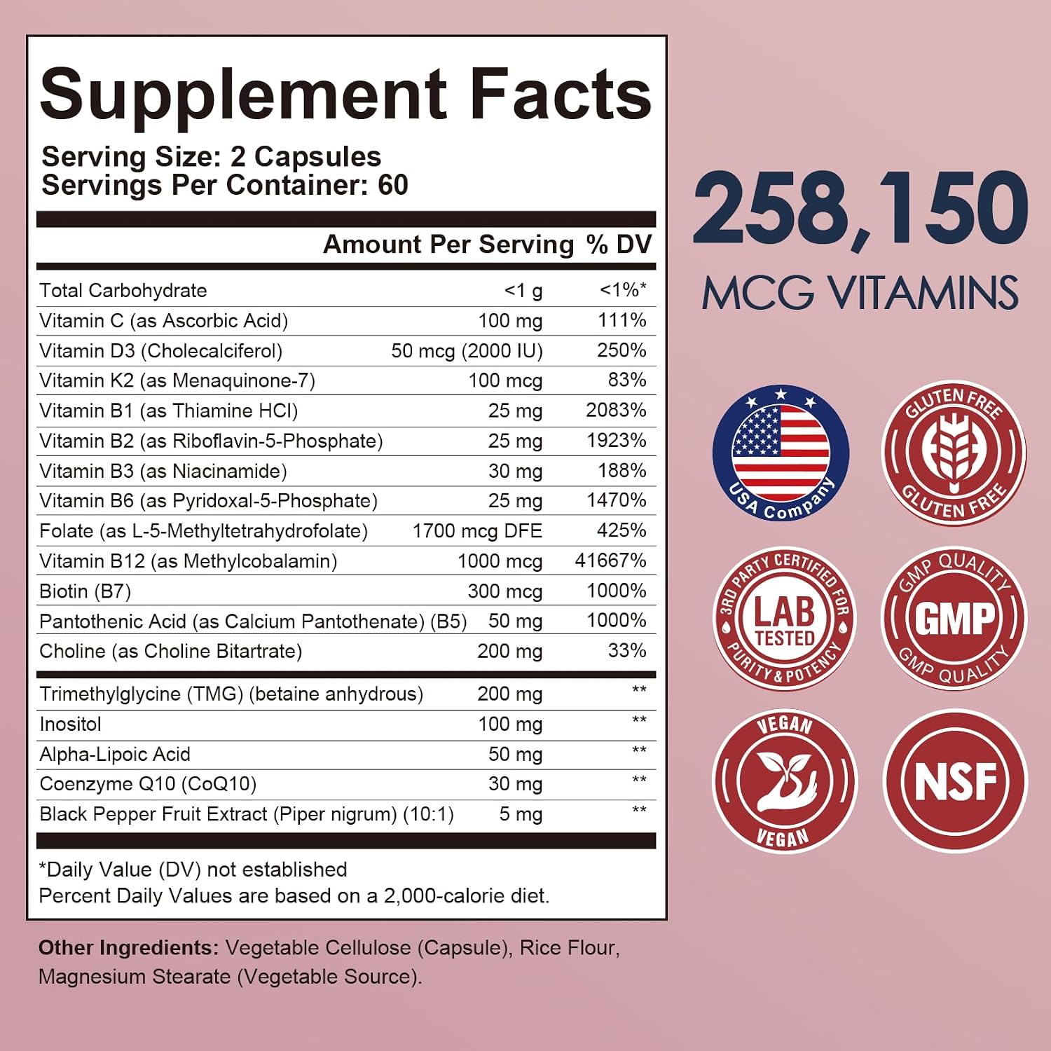 Migcopat Complejo B Metilado 17-en-1, 258,150 mcg Multivitamínico, B12 Metilcobalamina, Metilfolato, Vitamina C, Vitamina D3 K2, CoQ10, Biotina, TMG - 120 Cápsulas