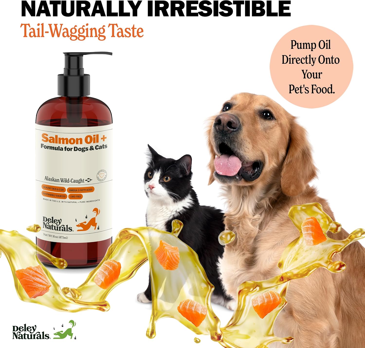 Deley Naturals Aceite de Salmón Salvaje de Alaska para Perros y Gatos - Fórmula Plus Mejorada - 473ml