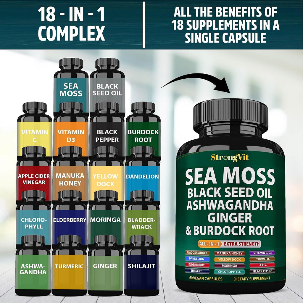 StrongVit Cápsulas de Sea Moss Orgánico con Aceite de Semilla Negra, Ashwagandha y Jengibre, Raíz de Bardana y Vejiga de Mar, Suplemento Multimineral Avanzado