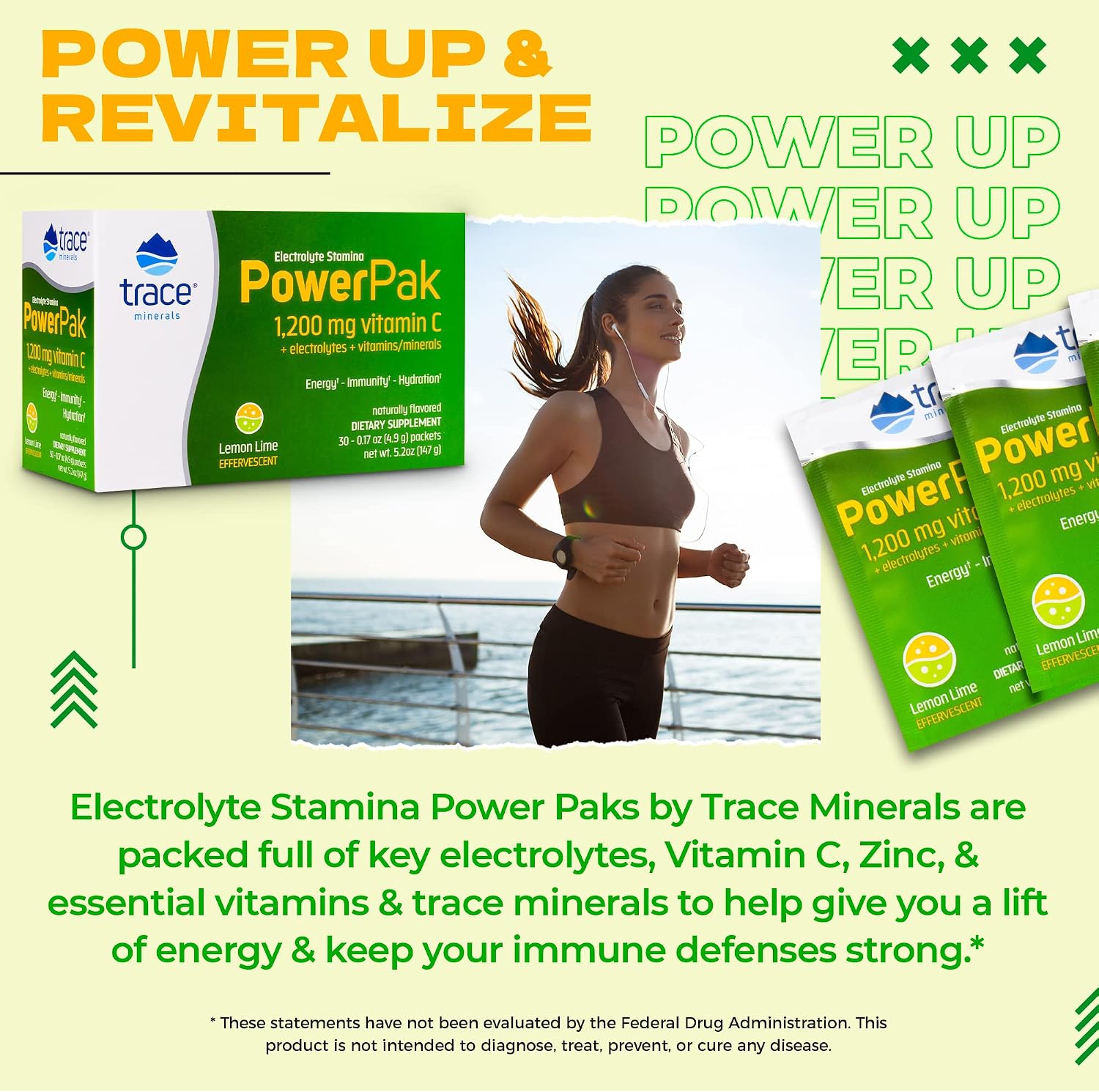 Power Pak Electrolyte Powder - 60 Sobres - Sabor Lima Limón - 1200 mg Vitamina C con Zinc y Magnesio