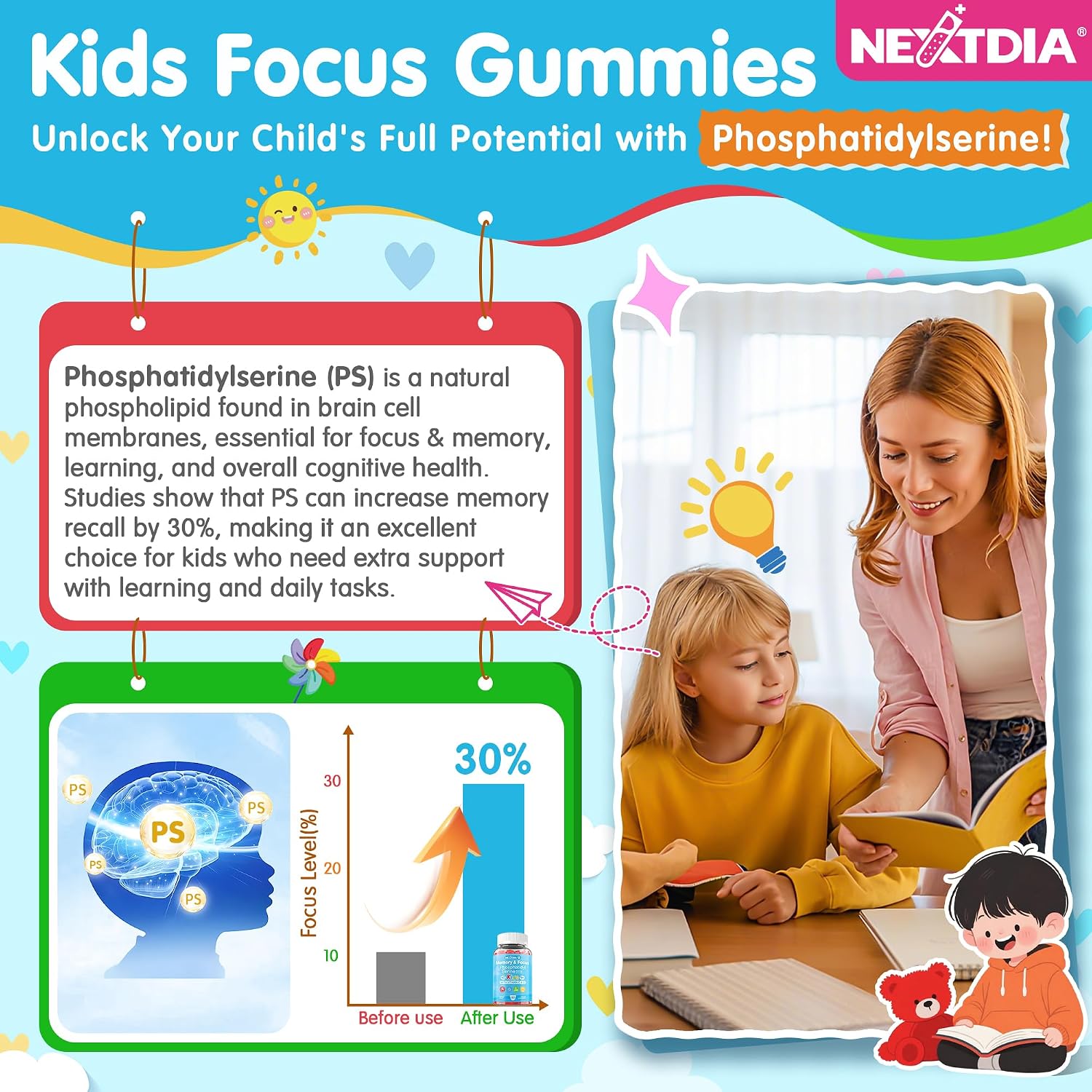 Nextdia Phosphatidylserina 100mg Gomitas para Niños y Adolescentes - Con Vitamina C y D3 - Sin Azúcar, Vegano, Sin Gluten - 2 Paquetes
