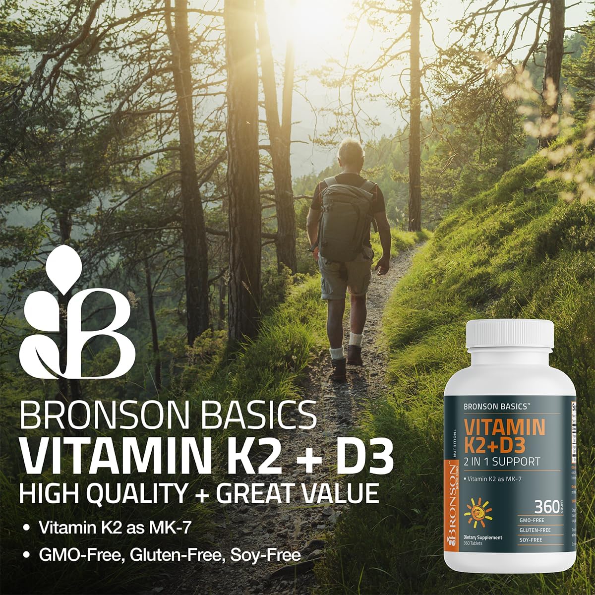 Bronson Vitamina K2 D3 (MK7) - 360 Comprimidos, D3 5000 UI (125 mcg) y K2 MK-7 90 mcg