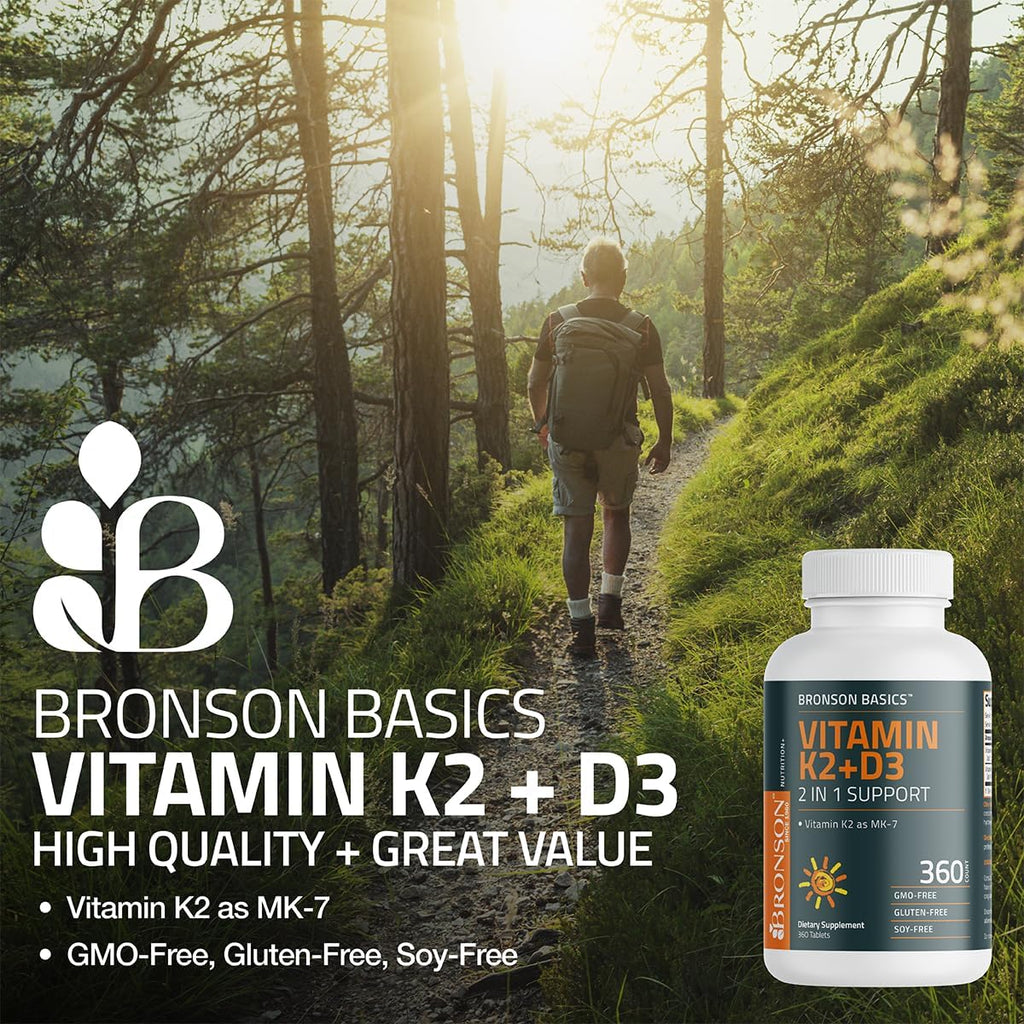 Bronson Vitamina K2 D3 (MK7) Complemento Alimenticio - 5000 UI de Vitamina D3 y 90 mcg de K2 MK-7, 200 Comprimidos