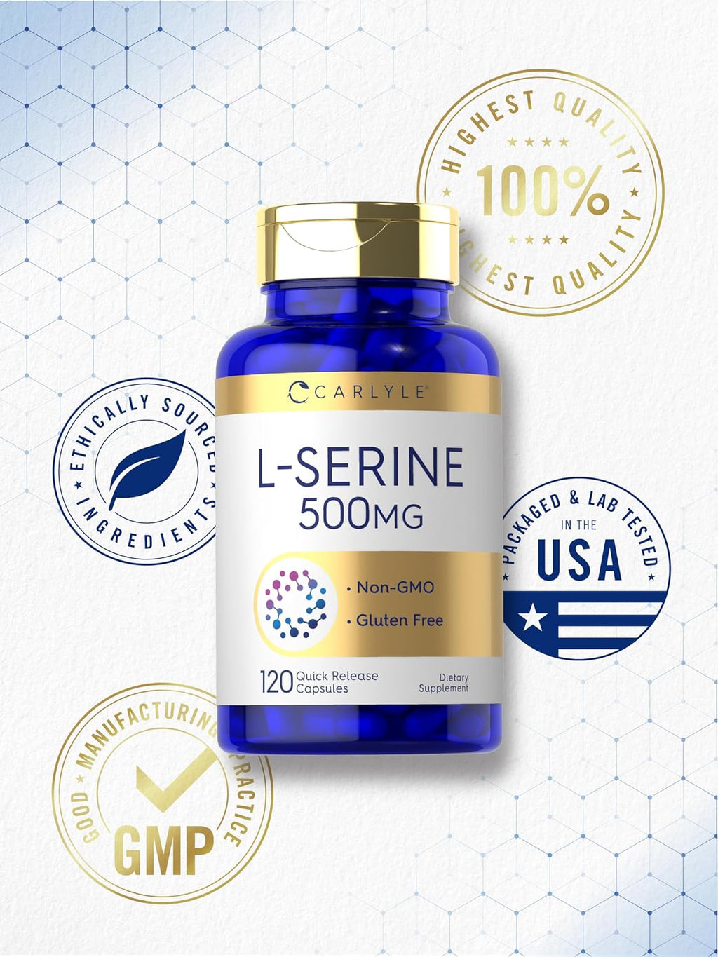 Carlyle L-Serina 500 mg | 120 Cápsulas | Complemento Alimenticio Sin Gluten