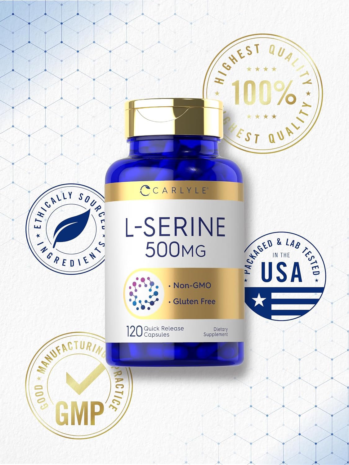 Carlyle L-Serina 500 mg | 120 Cápsulas | Complemento Alimenticio Sin Gluten