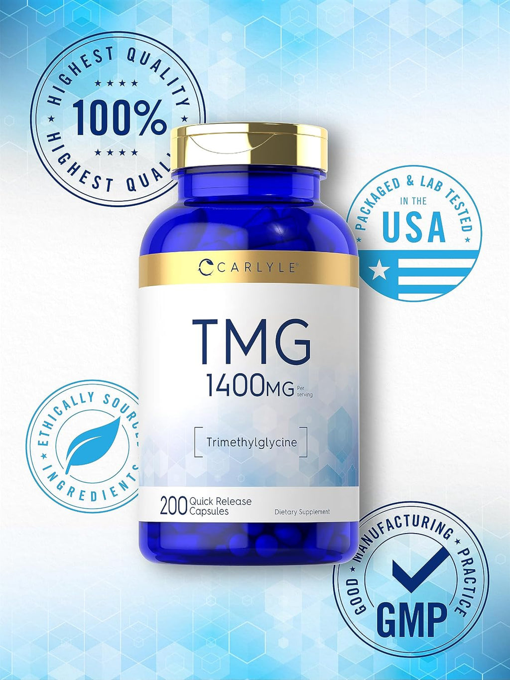 Carlyle Suplemento TMG | 1400mg | 200 Cápsulas de Trimetilglicina de Liberación Rápida | No OGM y Sin Gluten