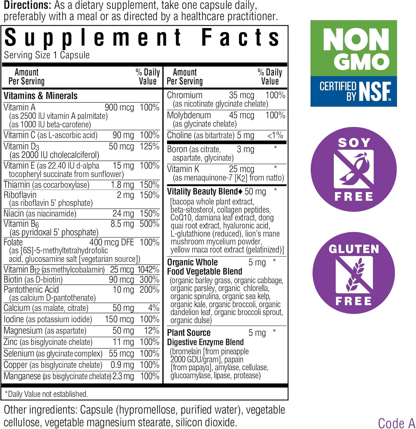 Bluebonnet Ladies ONE 40+ Multivitamínico Completo para Mujeres a Base de Alimentos Integrales - 30 Cápsulas Vegetales