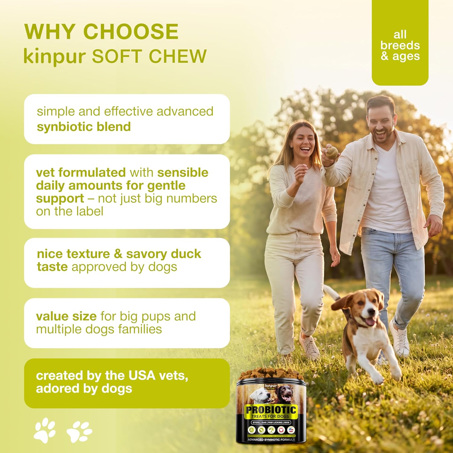 Kinpur Probióticos para Perros – 4 Mil Millones UFC, 6 Cepas + Colostro y Enzimas Digestivas – Sabor a Pato – 120 Masticables