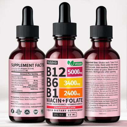 NUSAVA (Pack de 2) Gotas Líquidas de Vitamina B12 5000mcg - B12 Sublingual con B6 y Complejo B - Metilcobalamina para Mujeres y Hombres - Suplemento Vegano, No GMO, Sabor Fresa (2 Fl Oz, 80 Porciones)