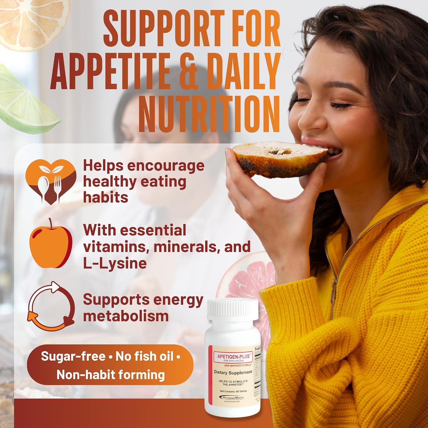 Apetigen-Plus Estimulante del Apetito – Multivitamínico con Hierro, Zinc y L-Lisina – 60 Comprimidos