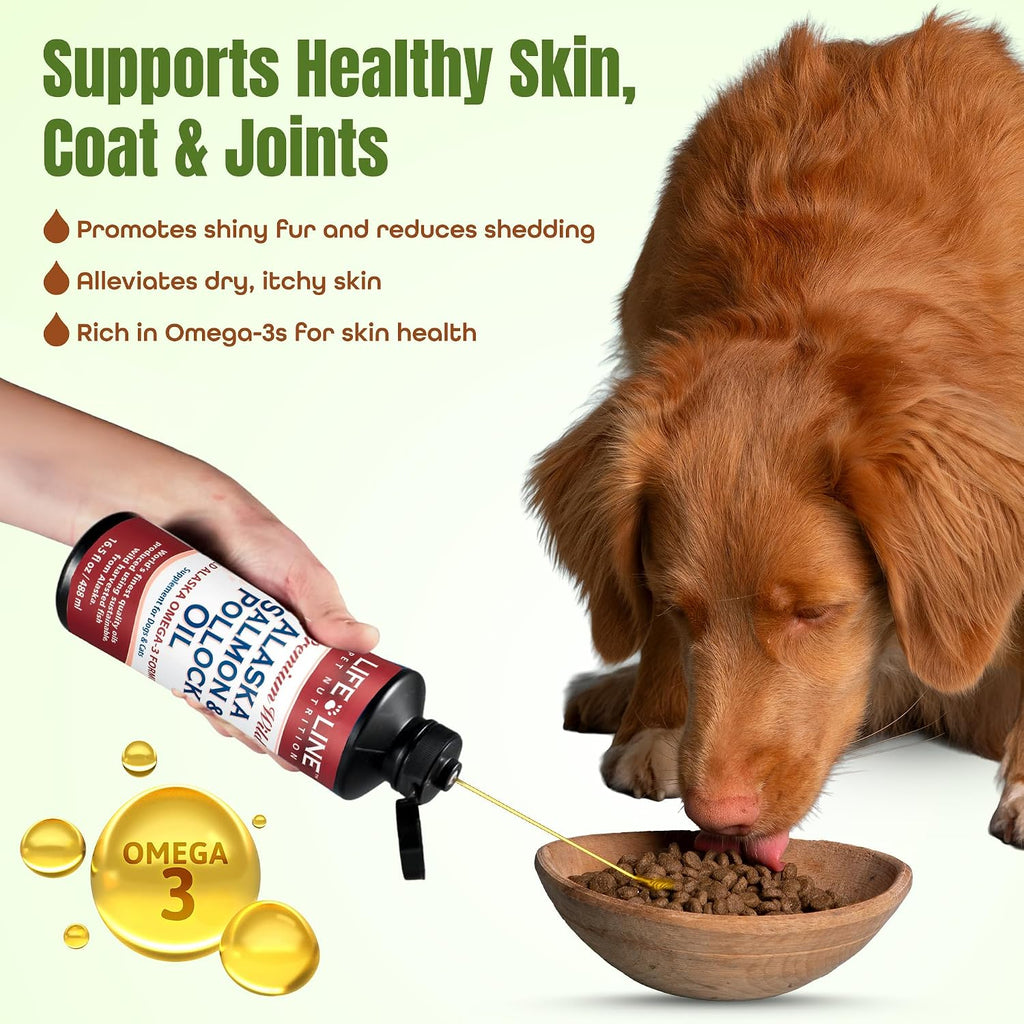 Life Line Pet Nutrition Aceite de Salmón y Abadejo Salvaje de Alaska - Suplemento Omega 3 para Perros y Gatos en Todas las Etapas de Vida, 488 ml