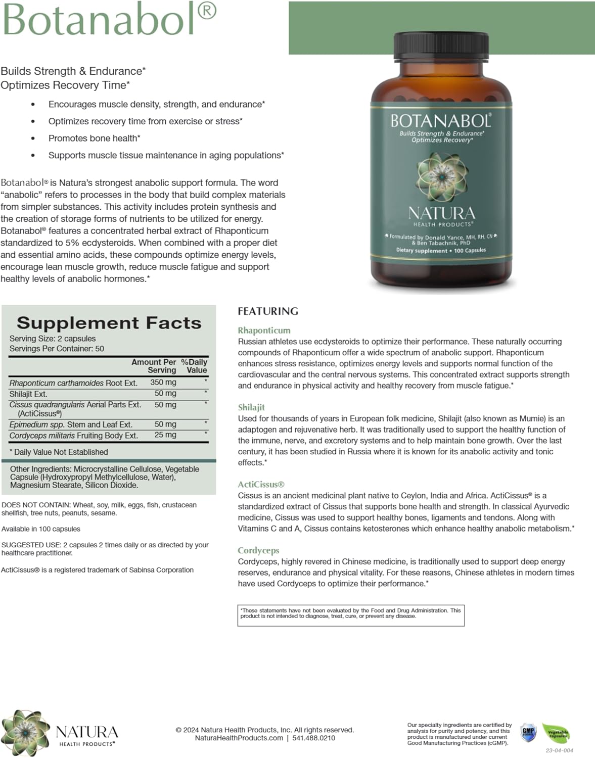 Natura Health Products Botanabol Suplemento - Aumenta Fuerza y Resistencia - con Rhaponticum, Shilajit, Cordyceps, Cissus Quadrangularis (100 Cápsulas)