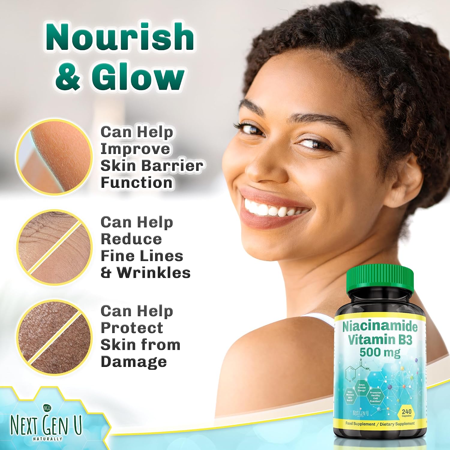 Vitamina B3 (Niacinamida) 500 mg - 240 Cápsulas - NGU Next Gen U