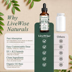 Live Wise Naturals Gotas Orgánicas de Vitamina D3 y K2 para Bebés (MK-7) - 225 Servicios