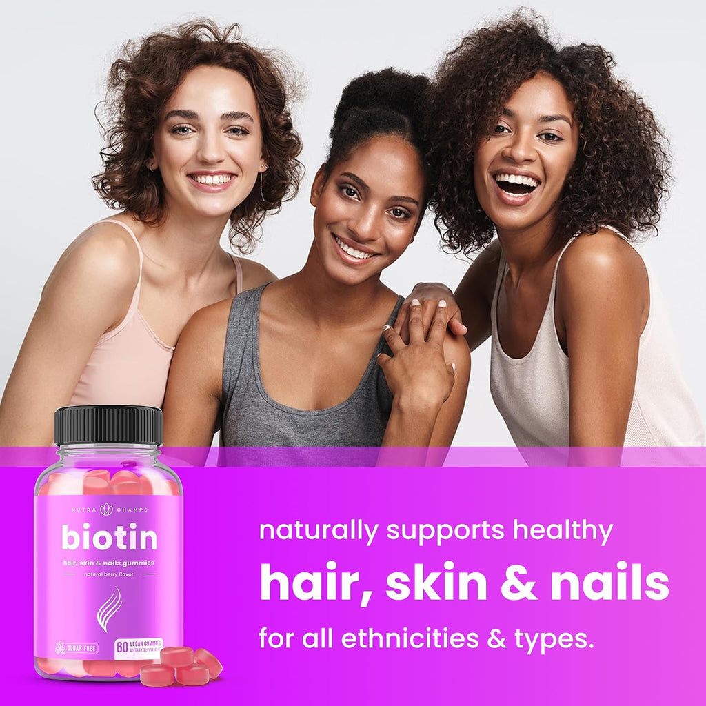 NutraChamps Biotin Gummies Sin Azúcar 10000mcg - Alta Potencia - Gominolas Veganas para Cabello, Piel y Uñas - Sabor Frambuesa (Pack de 2)