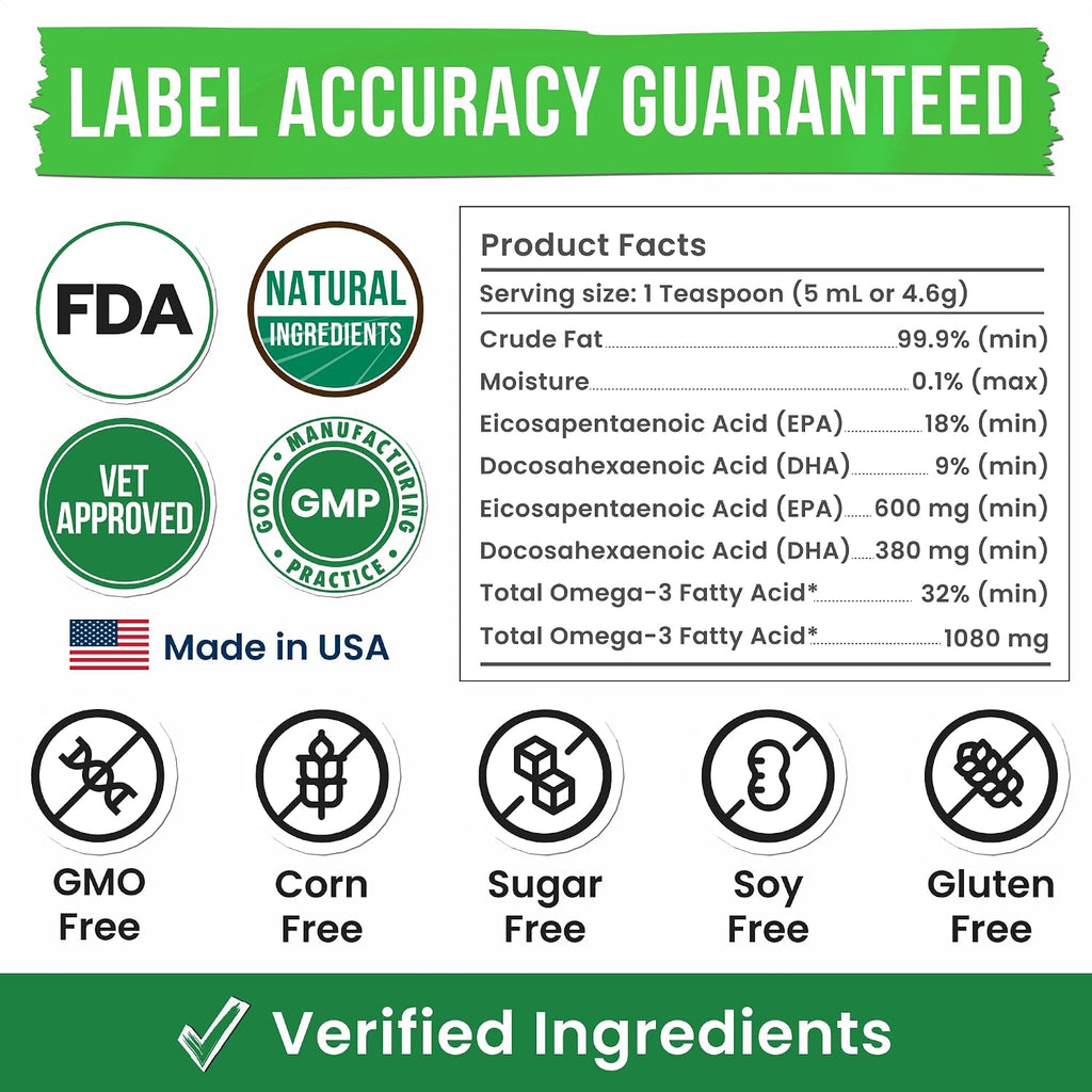 Omega 3 Fish Oil for Dogs & Cats - Aceite de Pescado con Aceite de Salmón Salvaje de Alaska - Suplemento Líquido con Omega 3 EPA+DHA