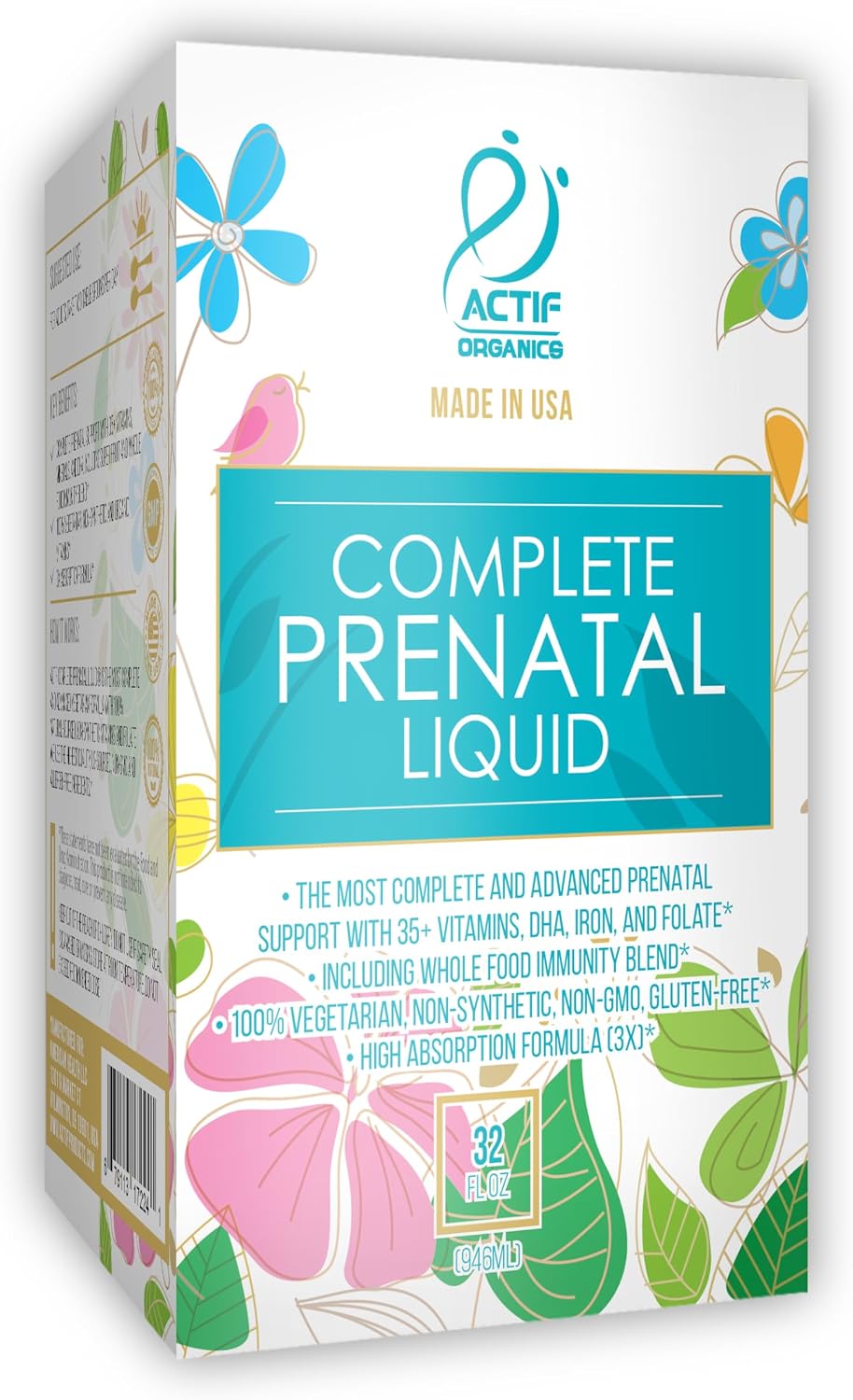 ACTIF Líquido Prenatal Orgánico Completo - 35+ Vitaminas con DHA y Colina, 32 oz (946 ml)