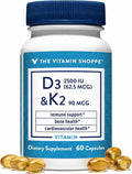 The Vitamin Shoppe Vitamina D3 2500 UI y K2 90 mcg con Calcio - 60 Cápsulas