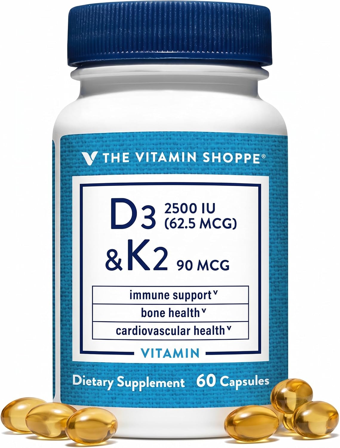 The Vitamin Shoppe Vitamina D3 2500 UI y K2 90 mcg con Calcio - 60 Cápsulas