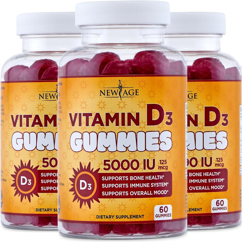 New Age Vitamina D3 5000 UI Gomitas - Suplemento Inmunológico, Sin Gluten, Sin Gelatina, Sabor Natural (180 Gomitas)