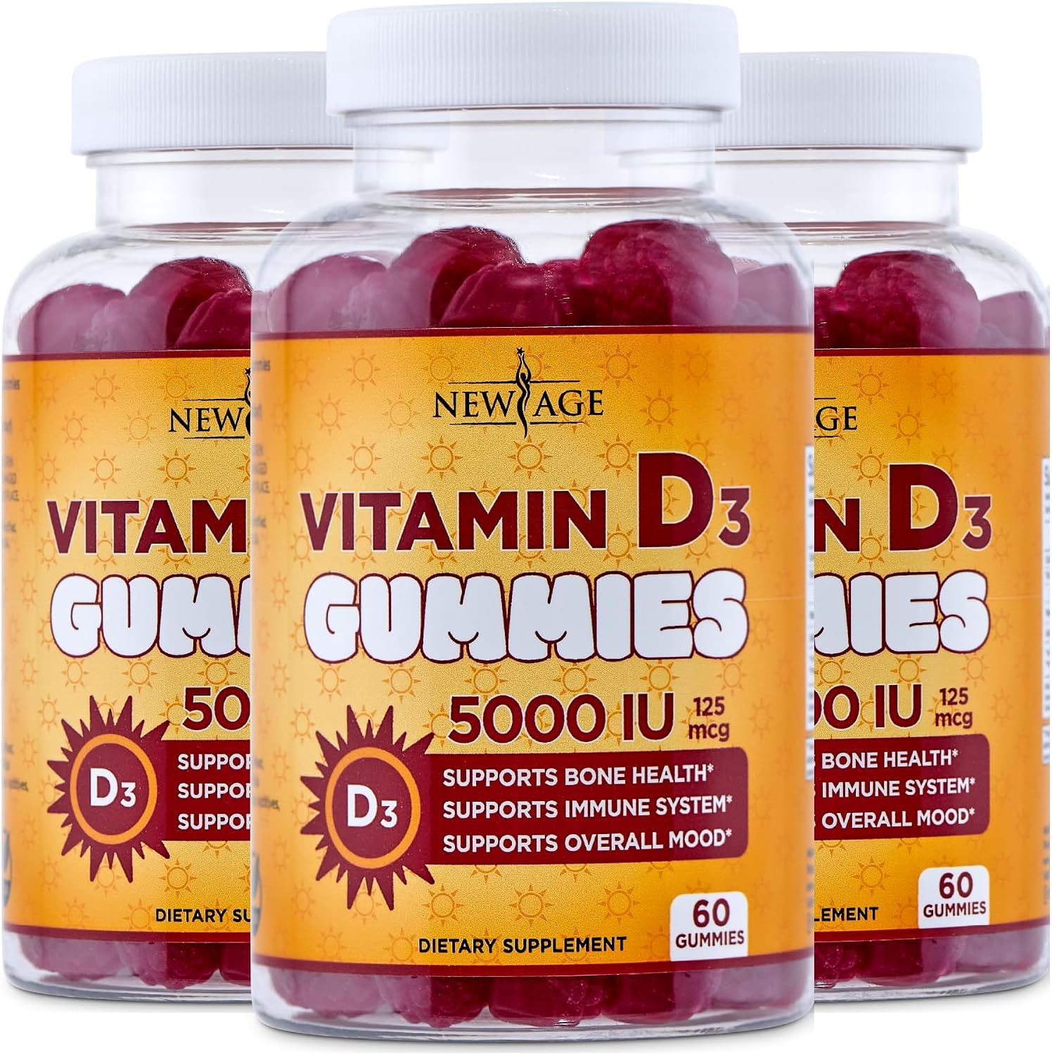 New Age Vitamina D3 5000 UI Gomitas - Suplemento Inmunológico, Sin Gluten, Sin Gelatina, Sabor Natural (180 Gomitas)