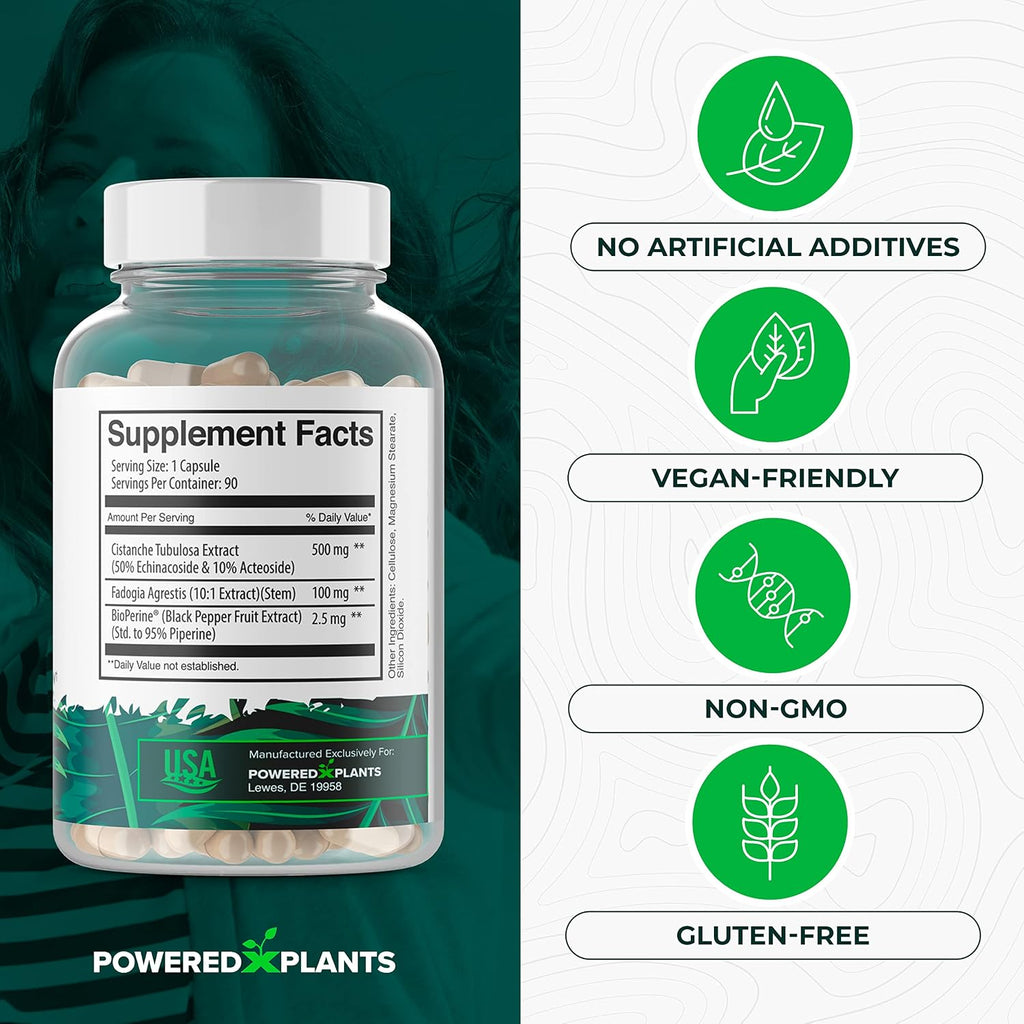 Cistanche Tubulosa con Fadogia Agrestis - Promueve la Vitalidad - Suplementos Naturales para Hombres y Mujeres con Bioperina de Powered X Plants, 90 Porciones