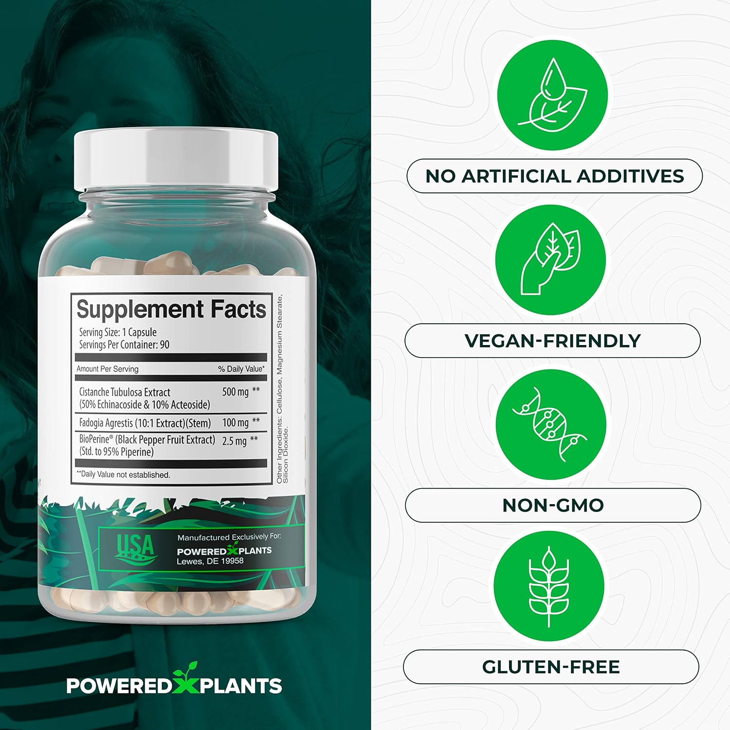 Cistanche Tubulosa con Fadogia Agrestis - Promueve la Vitalidad - Suplementos Naturales para Hombres y Mujeres con Bioperina de Powered X Plants, 90 Porciones