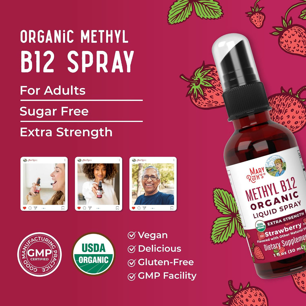 MARYRUTH'S Vitamin B12 Liquid Spray | 720 mcg | Metilcobalamina | USDA Orgánico | Vegano | Sin Gluten | 1 Fl Oz