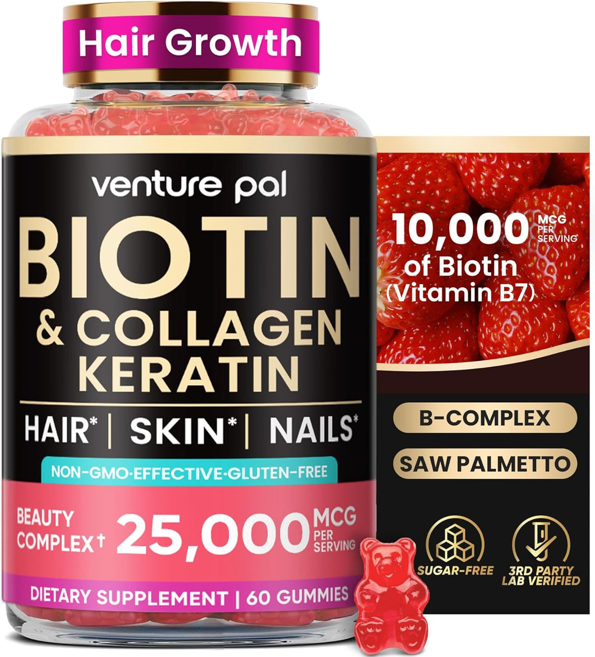 Venture Pal Biotin Gummies with Collagen & – La biotina contribuye al metabolismo energético normal. – Image 1