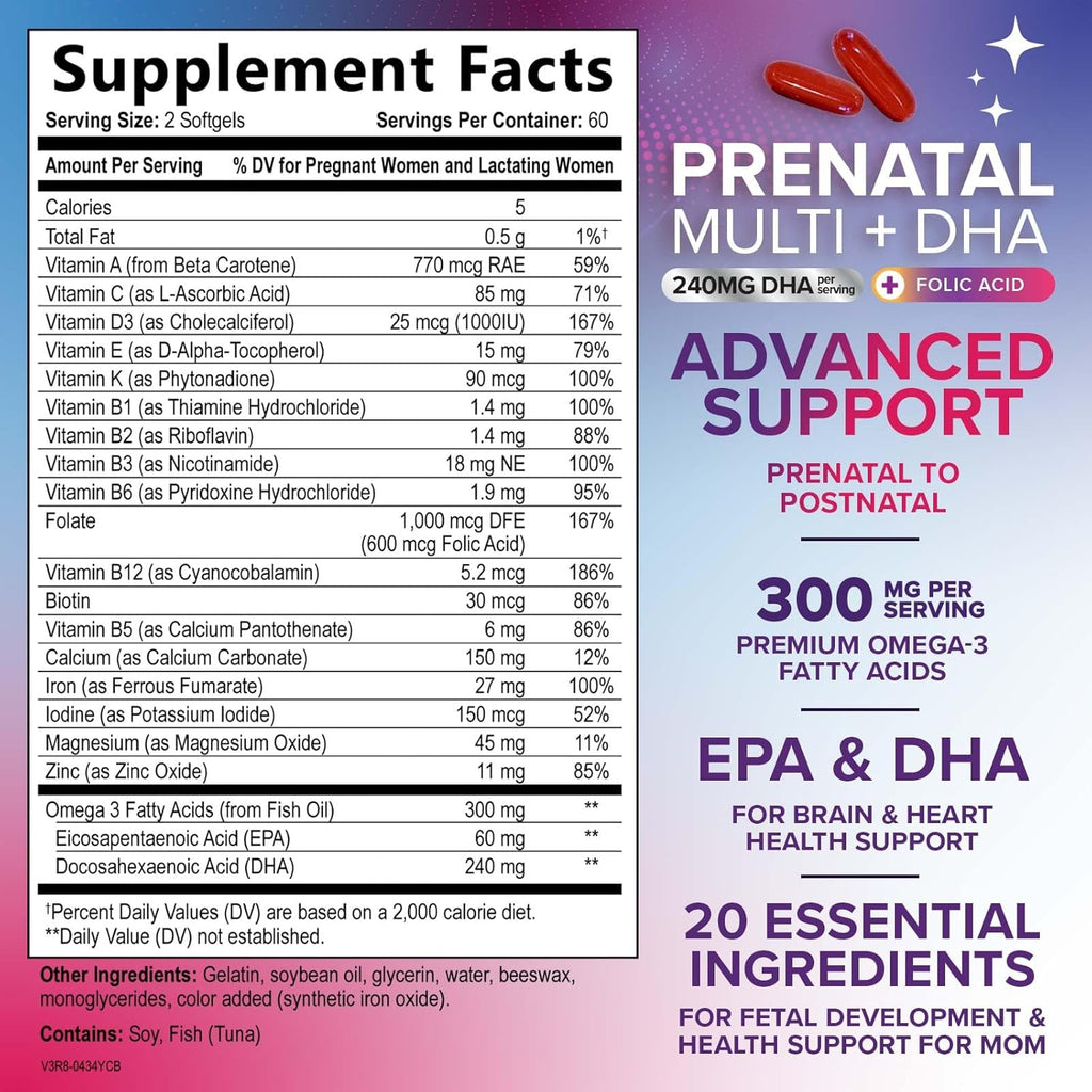 Vitaminas Prenatales con Ácido Fólico + Omega 3 DHA para el Desarrollo Fetal - 120 Cápsulas Blandas