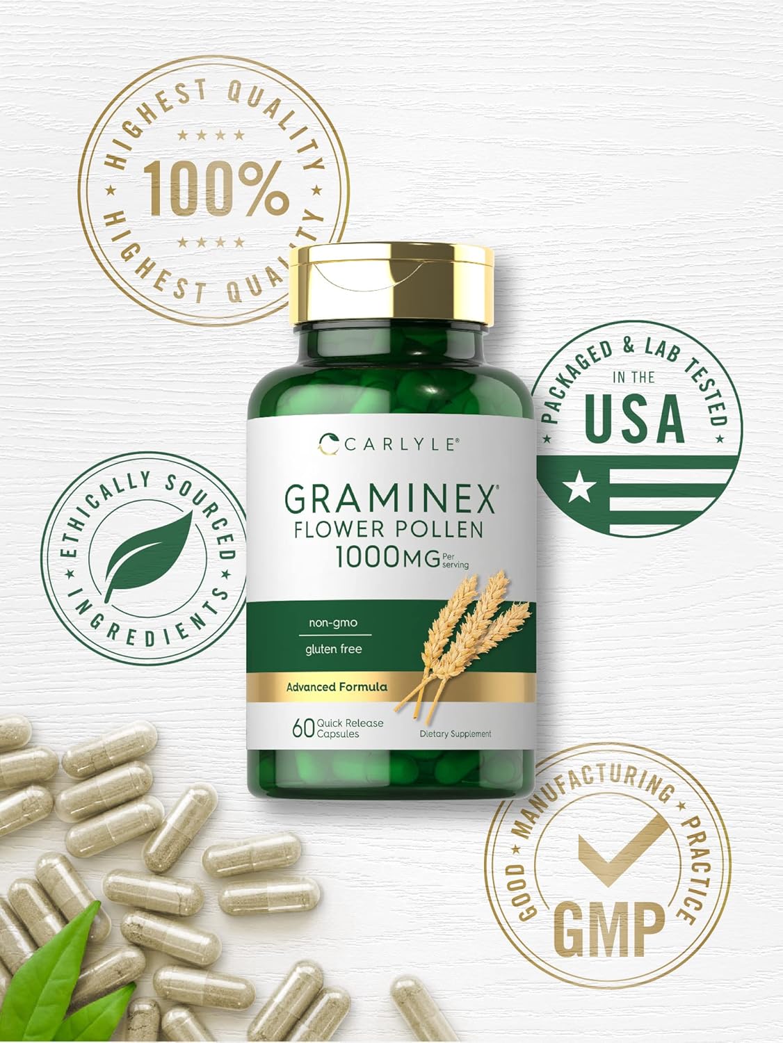 Carlyle Extracto de Polen de Flores Graminex | 1000 mg | 60 Cápsulas | Sin Gluten y No OGM