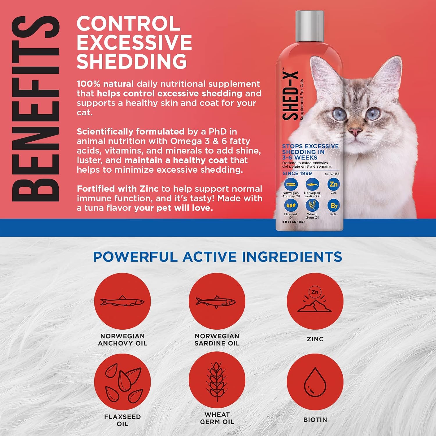 Shed-X Suplemento Líquido para Gatos, 8 oz – 100% Natural – Control de Muda Excesiva con Ácidos Grasos Esenciales, Vitaminas y Minerales