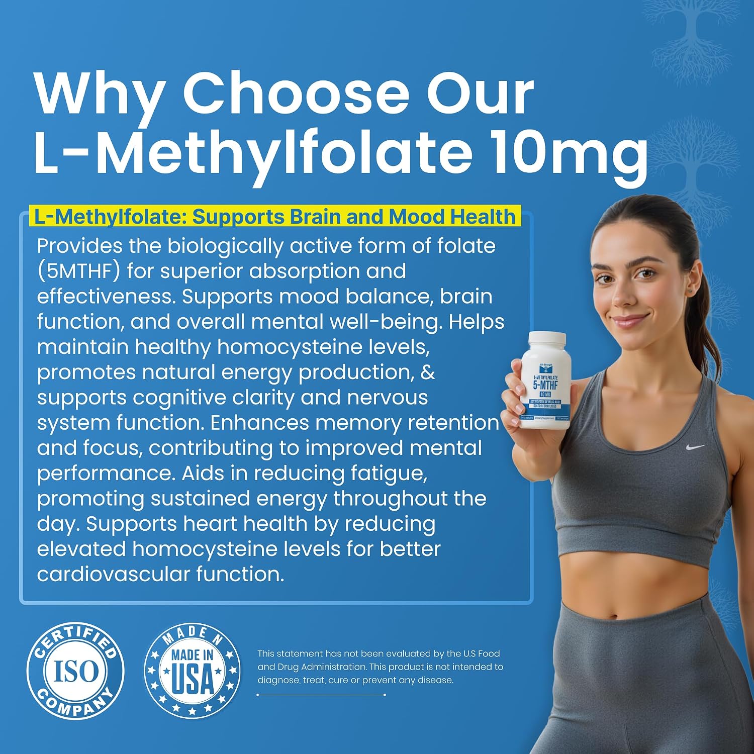 L-Metilfolato 10 mg | 90 Cápsulas | Complemento Bioactivo de 5-MTHF | LifeStrength